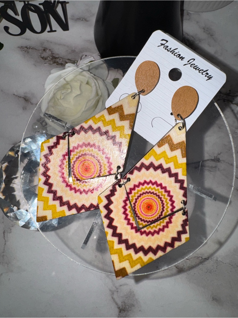 Fashion Jewelry Yellow Pink Zigzag Wooden Dangle Earrings